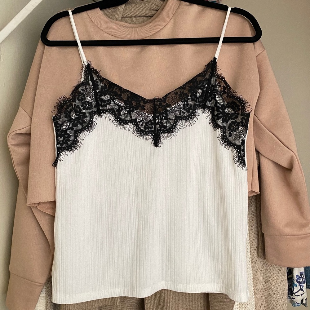 Zara White Ribbed Tank Black Lace Trim Size Small